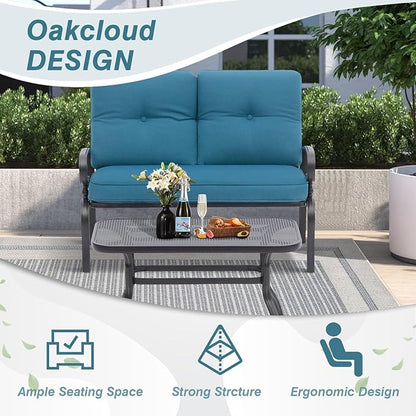 Oakcloud Outdoor 2 Pcs Patio Loveseat Bench Metal Frame Furniture Set with Thick Cushions and Coffee Table, Wrought Iron Look (Peacock Blue)