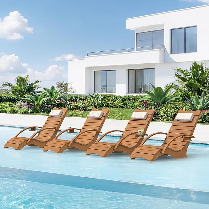 Pool Lounge Chairs Set of 4, Shallow Water 8-10 Inches Deep, HDPS Fade Resistant Pool Tanning Chair with Armrest, Cup Holder, Headrest, 330lbs Capacity, Outdoor Beach Sun Lounger, Teak Color
