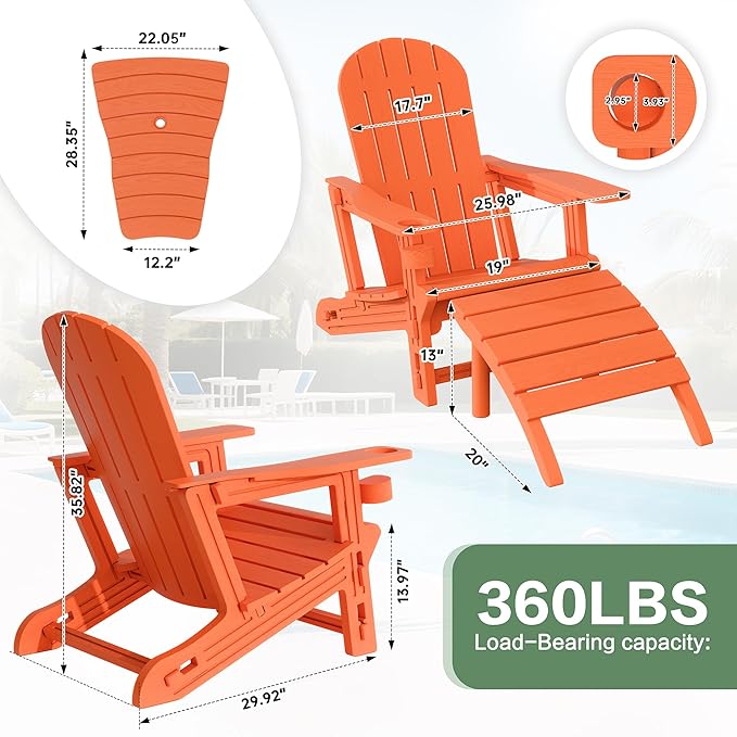 JY QAQA Outdoor Adirondack Chair Set of 2 with Detachable Table & Ottoman, All-Weather HDPE Patio Furniture with Wood Texture & Cup Holder for Patio, Poolside, Garden, Orange