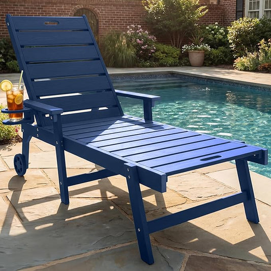 YEFU Lounge Chair Outdoor Chaise: Outdoor Chaise Lounge with 5-Level Adjustable Backrest, Cup Holders & Wheels, All-Weather Resistance Chaise Lounge for Outside/Patio/Beach/Deck, Navy Blue