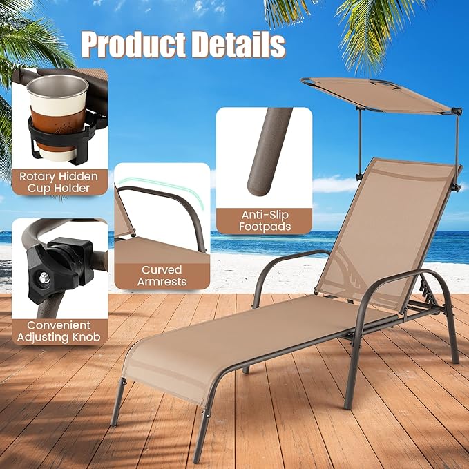 Giantex Patio Chaise Lounge Chair - Outdoor Beach Chair with Adjustable Canopy, Cupholder, 5-Level Backrest - Photo 6