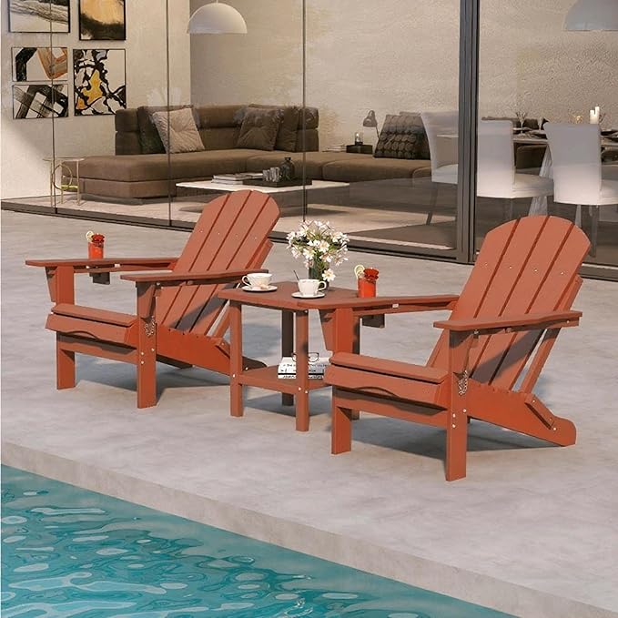 Terracotta 6-Piece Folding Adirondack Chair Set with Cup Holders, Ottomans, Side Table & Beige 11FT Cantilever Umbrella with Base, HDPE Outdoor Chairs