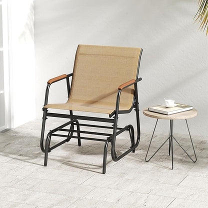 Giantex Outdoor Glider, Swing Rocking Chair with Breathable Fabric Seat, Curved Teak Wood Armrests and Metal Frame, Gliding Armchair, Patio Glider for Backyard, Garden, Porch, Balcony (2)