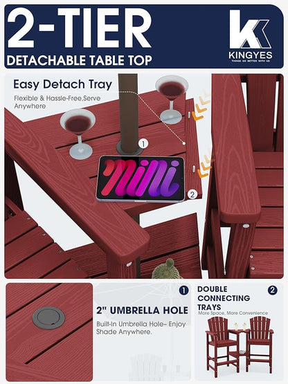 KINGYES Tall Adirondack Chair Set of 4, HDPE Tall Adirondack Barstools with Double Connecting Trays, Embossed Bar Height Adirondack Chair for 2, All Weather Resistant Balcony Adirondack Chairs, Red