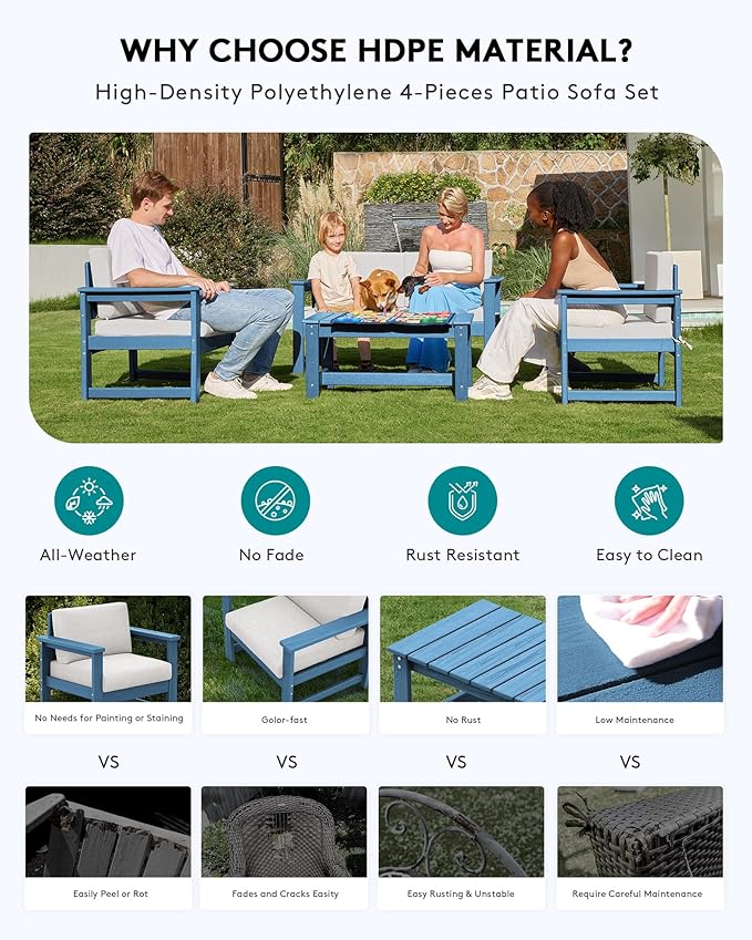 SERWALL 5 Pieces HDPE Outdoor Sofa Set with Cushions - Photo 3
