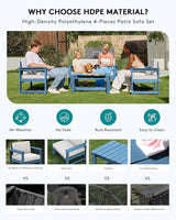 SERWALL HDPE Outdoor Loveseat with Cushions, All Weather Use Outdoor Loveseat Sofa, Blue Frame with Khaki Cushions - Photo 4