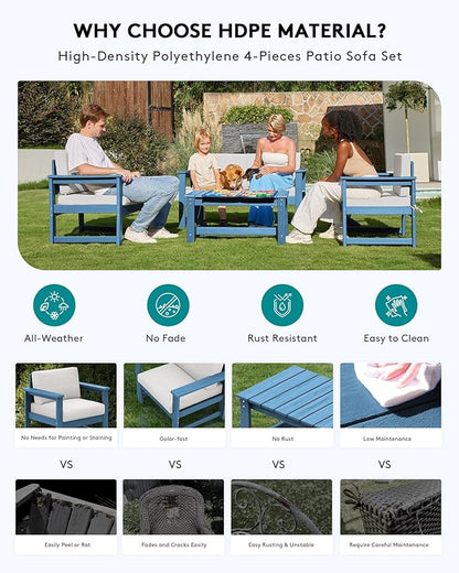 SERWALL 4 Pieces HDPE Outdoor Sofa Set with Cushions, All Weather Use Conversation Couch Set, Outdoor Loveseat Furniture with Coffee Table for Patio, Blue Frame with Khaki Cushions