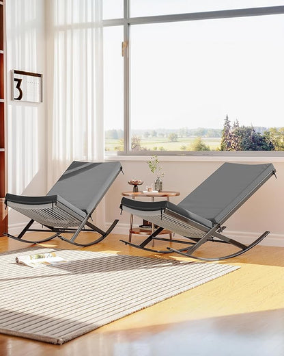GarveeLife Outdoor Rocking Lounge Chair Set of 2, Patio Chaise Lounge with Removable Cushion for Napping Relaxing, Indoor Reclining Papasan Rocker Chair, Grey