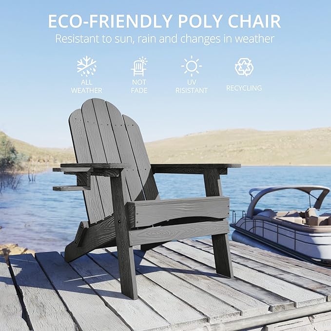 LUE BONA Folding Adirondack Chair Set of 6, Dark Gray HDPS Fire Pit Patio Chairs Weather Resistant, Modern Plastic Outdoor Chairs with Cup Holder