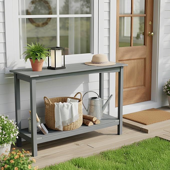 Outdoor Console Table, All-Weather 2-Tier Patio Console Table, Outside Plant Stand Table, Low Maintenance - Photo 2