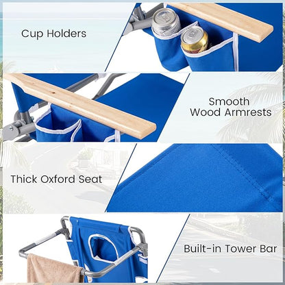 Goplus 3-in-1 Foldable Beach Chair, Lay-Flat Tanning Chair with Face and Arm Holes, Footrest, 330 lbs Heavy-Duty Portable Reclining Lounge Chairs for Outside, Camping, Patio, Poolside, Lawn (1,Navy)
