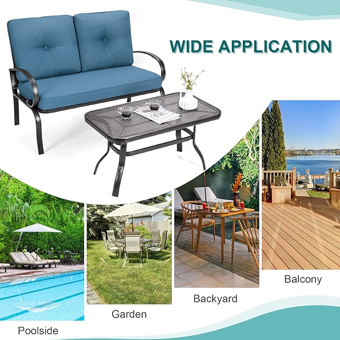 DORTALA 2-Piece Patio Furniture Set, Outdoor Indoor Loveseat and Coffee Table Set, Outdoor Sofa Metal Garden Bench with Soft Cushions, for Balcony, Lawn,Porch, Poolside, Navy