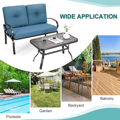 DORTALA 2-Piece Patio Furniture Set, Outdoor Indoor Loveseat and Coffee Table Set, Outdoor Sofa Metal Garden Bench with Soft Cushions, for Balcony, Lawn,Porch, Poolside, Navy