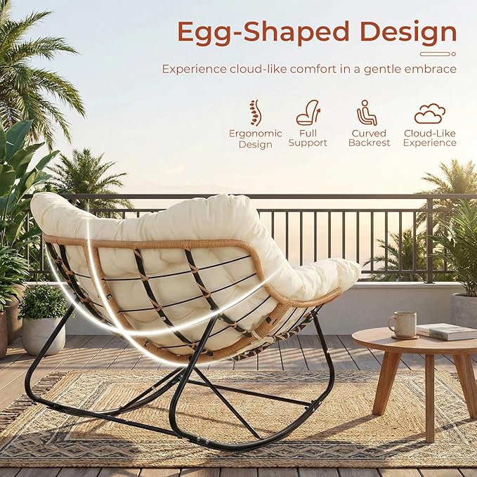 TLSUNNY Outdoor Papasan Rocking Chair, Oversized Padded Lounge Rocker with Cushion, Comfy Wicker Egg Lounge Chair, Large Indoor Rocking Recliner for Living Room/Porch/Garden (Beige)