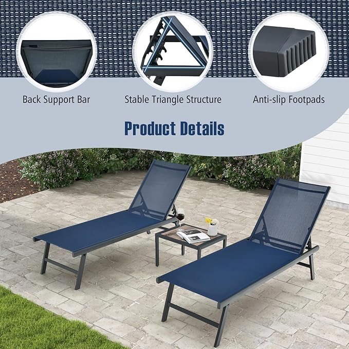 Tangkula 3 Piece Patio Chaise Lounge Set, Aluminum Patio Recliner with Coffee Table, 6-Level Backrest Adjustment - Photo 6