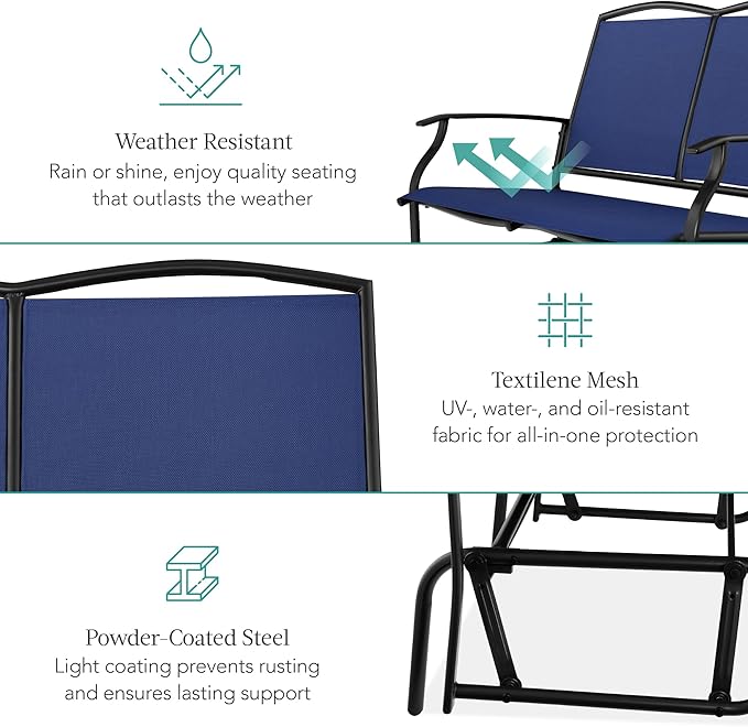 Best Choice Products 2-Person Outdoor Patio Swing Glider Steel Bench Loveseat Rocker for Deck, Porch w/Textilene Fabric - Photo 5