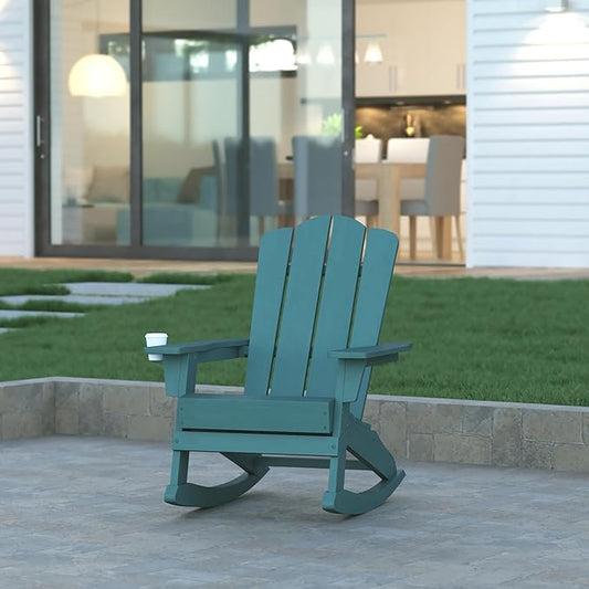 EMMA + OLIVER Tiverton Adirondack Rocking Chair with Cup Holder, Weather Resistant Poly Resin Adirondack Rocking Chair, Blue