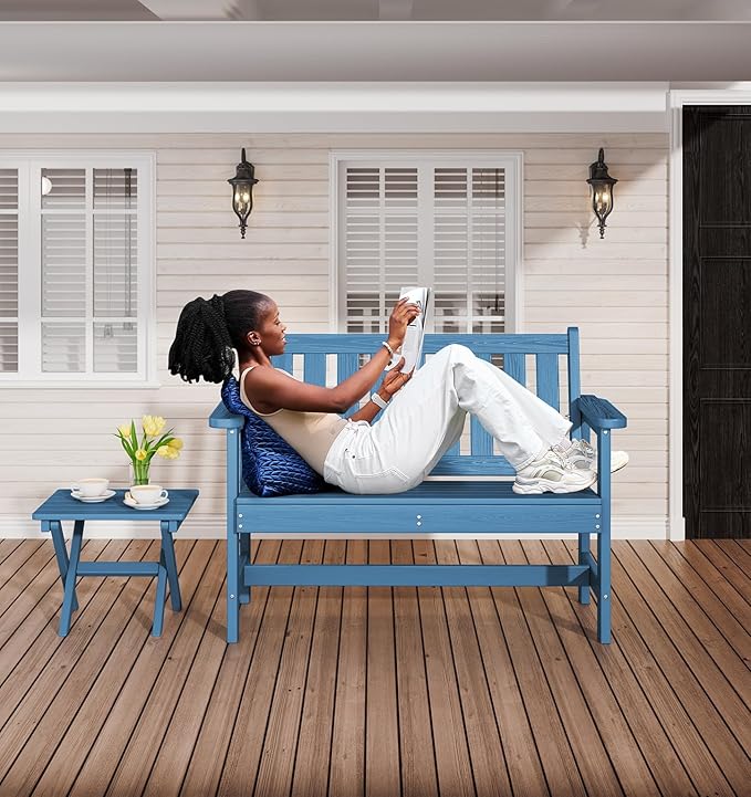SERWALL Outdoor Bench, HDPE Outdoor Benches Weatherproof, 2-Person Garden Bench with 660 lbs Weight Capacity - Photo 2