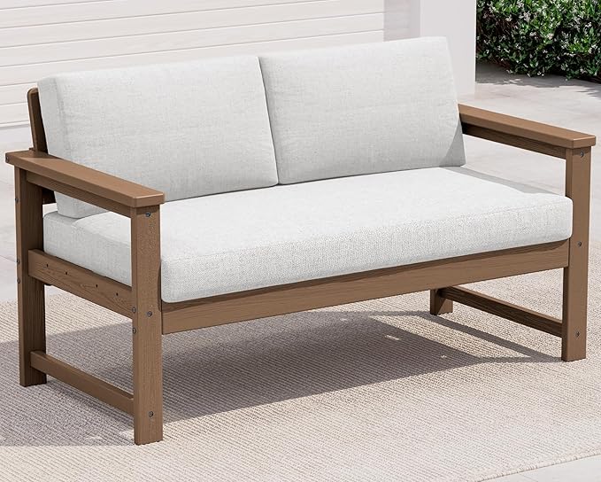 SERWALL HDPE Outdoor Loveseat with Cushions, All Weather Use Outdoor Loveseat Sofa, Brown Frame/Khaki Cushion - Photo 1