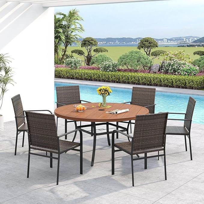 VICLLAX 50" Outdoor Round Patio Dining Table for 4-6, All Weather Metal Dining Table with Umbrella Hole for Deck Lawn Garden Backyard, Walnut
