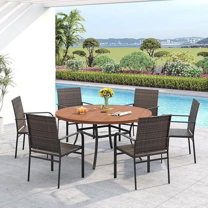 VICLLAX 50" Outdoor Round Patio Dining Table for 4-6, All Weather Metal Dining Table with Umbrella Hole for Deck Lawn Garden Backyard, Walnut