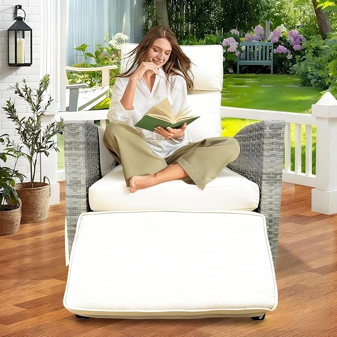 Wicker Outdoor Recliner | Outdoor Recliner Chair | Patio Recliner Chair with 4" Thick Cushion, Adjustable Backrest & Footrest, Flip-up Table & Side Pocket For Patio, Outdoor & Indoor (Gray&Beige)