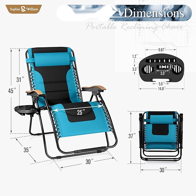 Sophia & William Oversized XXL Zero Gravity Chair Set of 2 Padded Adjustable Folding Reclining Lounge Chair Outdoor Gravity Chair with Wide Armrest and Cup Holder, Support 400 LBS, Aqua