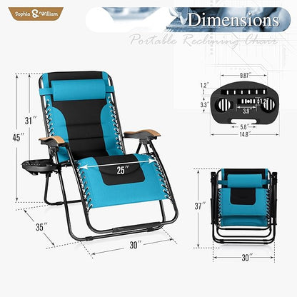 Sophia & William Oversized XXL Zero Gravity Chair Set of 2 Padded Adjustable Folding Reclining Lounge Chair Outdoor Gravity Chair with Wide Armrest and Cup Holder, Support 400 LBS, Aqua