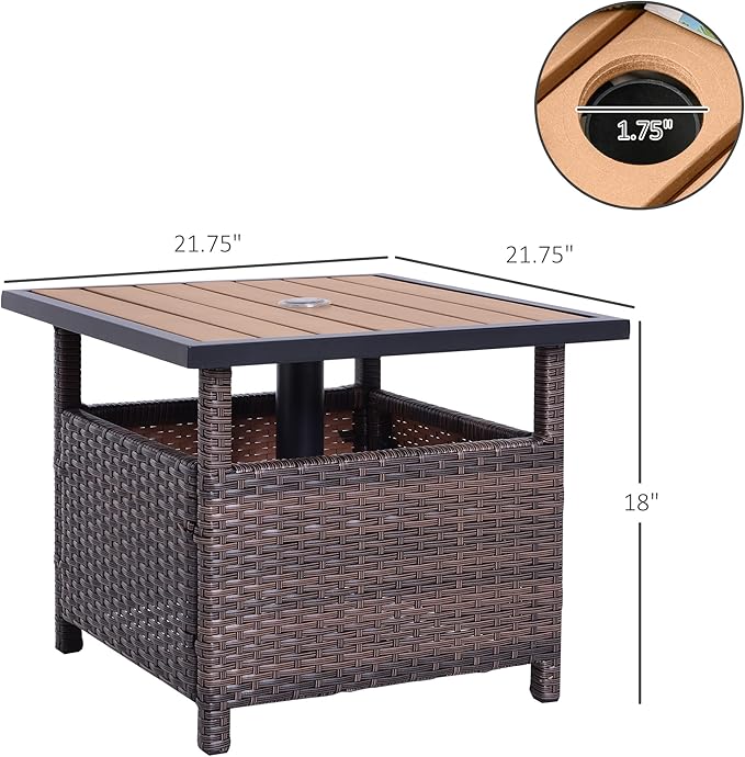 Outsunny 22" Outdoor Side Table with Umbrella Hole, Rattan Wicker End Table with Sand Bag and Steel Frame for Outdoor, Patio, Garden, Backyard, Brown & Light Yellow