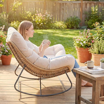 Outsunny Double Papasan Rocking Chair, Wicker Oversized Indoor Outdoor Rocking Chair with Cushion, PE Rattan Padded Outdoor Rocker Egg Chairs for Living Room, Garden, Patio, Balcony, Cream White