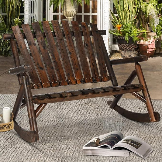 HOMEDIARY Outdoor Wood Rocking Bench, 2-Persons Rustic Adirondack Log Rocker with Slatted Seat, High Backrest/Armrests, Double Wooden Patio Porch Rocking Loveseat for Garden Backyard Porch, Carbonized