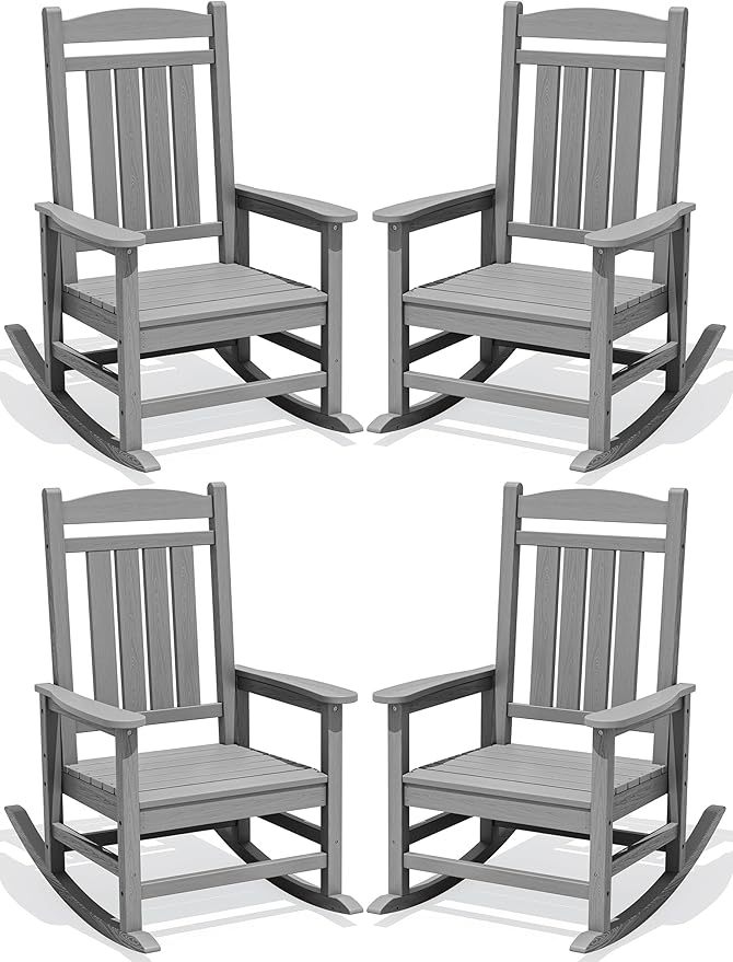 KINGYES HDPE Outdoor Rocking Chair Set of 4, All-Weather Patio Rocking Chair, Weather Resistant Porch Rocker for Adults, Light Gray