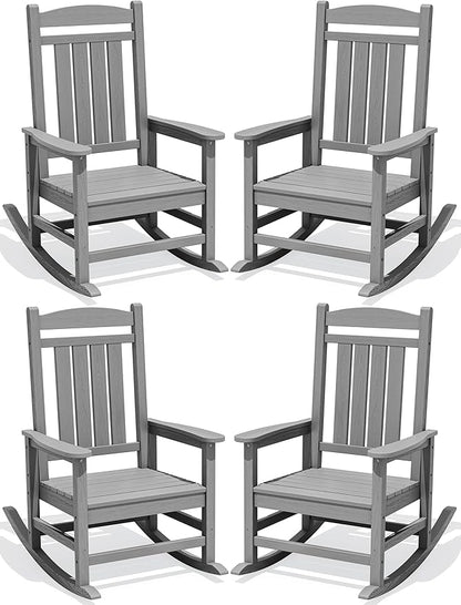 KINGYES HDPE Outdoor Rocking Chair Set of 4, All-Weather Patio Rocking Chair, Weather Resistant Porch Rocker for Adults, Light Gray