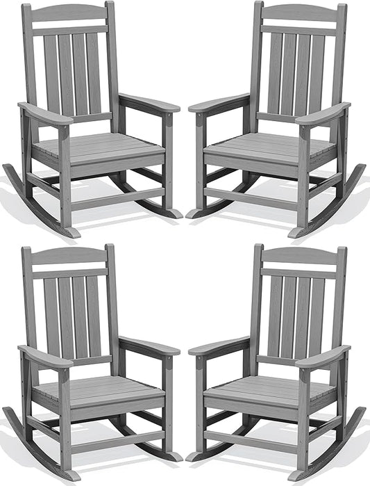 KINGYES HDPE Outdoor Rocking Chair Set of 4, All-Weather Patio Rocking Chair, Weather Resistant Porch Rocker for Adults, Light Gray
