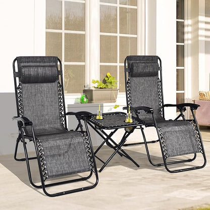 HAPPYGRILL Zero Gravity Lounge Chairs Set with Coffee Table, Folding Reclining Chairs with Side Table and Pillow, 3 Pieces Adjustable Patio Lawn Recliner Set for Outdoor Garden Camp Travel