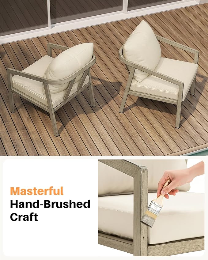 Patio Sofa Chairs Set of 2, Never-Rust Aluminum Outdoor Armchair with Thick Cushions, All Weather 2 Pieces Outdoor Club Chairs, Outdoor Sofa Chairs for Deck, Backyard, Porch, Gray Oak | Never-Rust, Wood-Grain Texture, Wraparound Design, All Weather, Re...