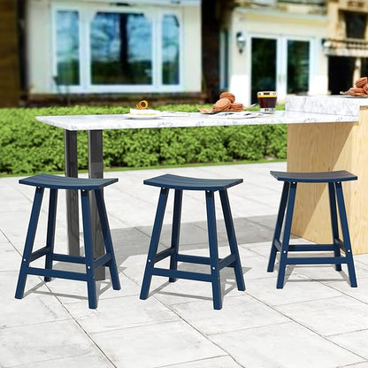 Costaelm All-Weather Bar Stools Set of 3, 24" Height Outdoor Bar Stools, Adirondack Poly Patio Bar Stool for Patio, Deck, Kitchen Counter and Garden, Navy Blue
