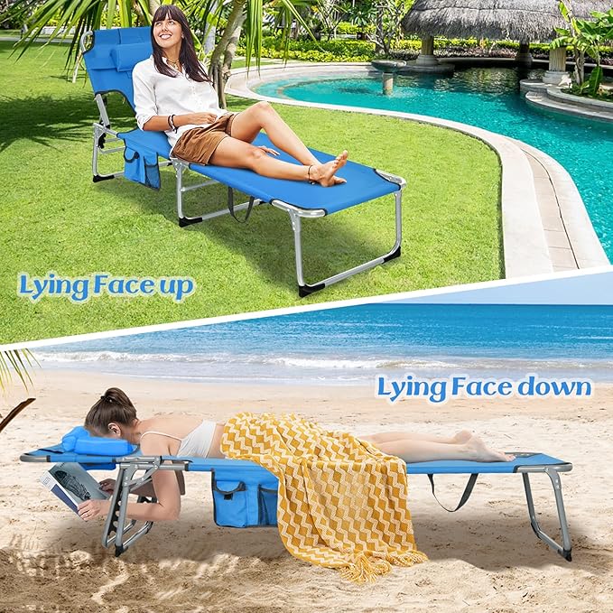 GYMAX Tanning Chair, Beach Lounge Chair with Face Hole, 5 Level Adjustable Backrest, Removable Pillow & Carry Handle - Photo 3