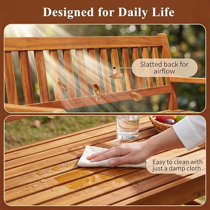 Flamaker Outdoor Bench with Pull-Up Center Table, Acacia Wood Bench Folding Loveseat for 2 Person, Weather-Resistant Patio Seating for Garden, Backyard, Porch, Poolside, Log Brown