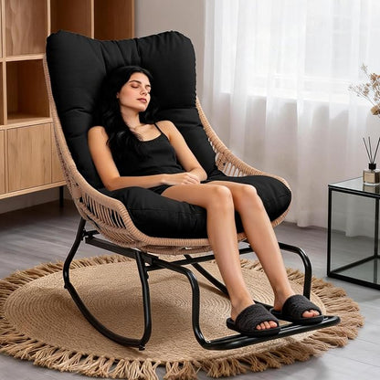 Outdoor Papasan Rocking Chair with Adjustable Footrest, Comfy Outdoor Lounge Chairs Heavy Duty Oversized Rocking Egg Chair Perfect for Patio Deck Garden and Indoor Use