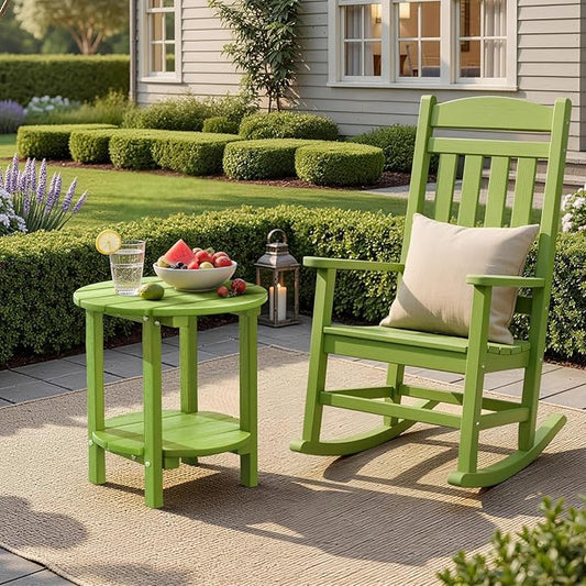 2 Tier Round Outdoor Side Table with Wood-Like Grain, HDPE Adirondack Table Patio Side Table, Weather Resistant End Table for Pool, Patio & Porch, Small Outdoor Table (Lime, Round)