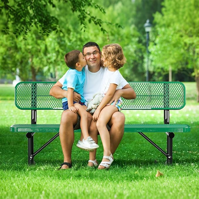 6FT/72INCH Heavy Duty Metal Park Bench for Outside, Outdoor Garden Benches with Backrest & Portable Frame, Expanded Metal Mesh Bench for Shopping Malls, Lawn, Park, Deck, Patio, Porch, Green