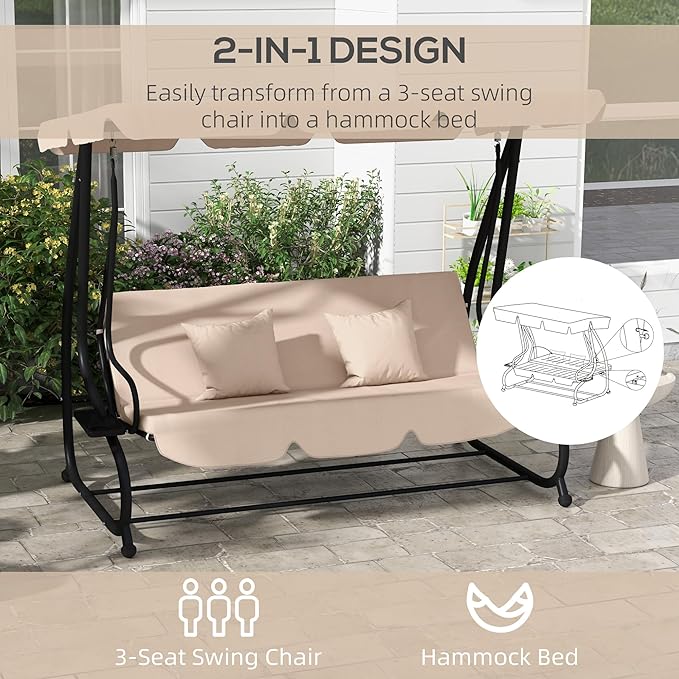Outsunny 3-Seat Outdoor Patio Swing Chair, Converting Flatbed, Outdoor Swing Glider with Adjustable Canopy, Removable Cushion and Pillows, for Porch, Garden, Poolside, Backyard, Ecru