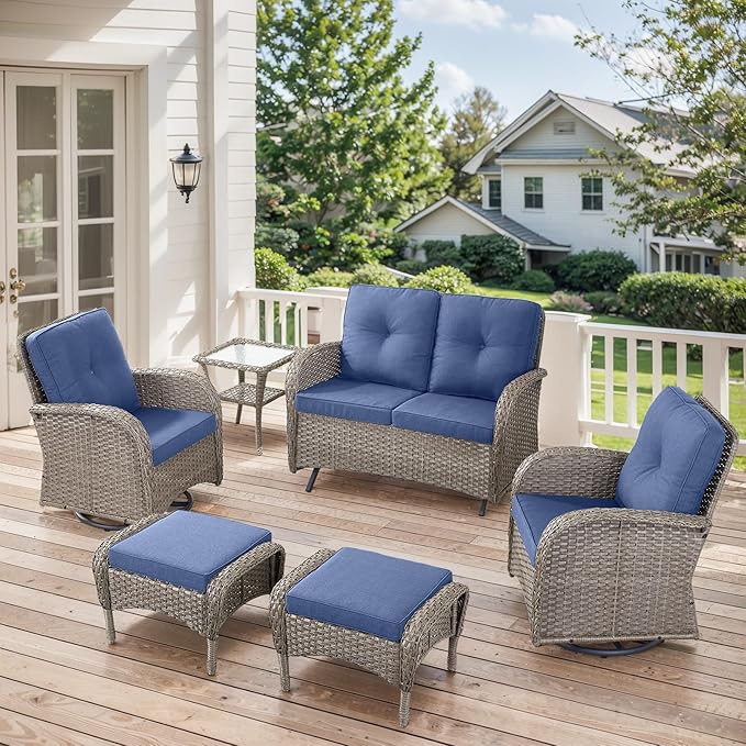 6 Pieces Patio Wicker Furniture Set-Outdoor Swivel Chairs Set of 2 Outdoor Glider Love seat with Outdoor Footstool - Photo 1
