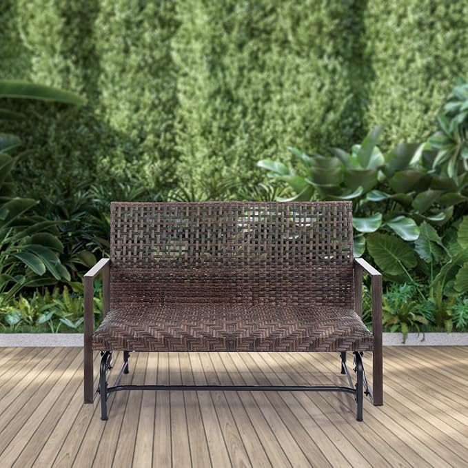 Wicker 2 Person Patio Glider with Double Weaved Wicker Seat, Powder Coated Metal Frame, 50" W x 25.5" D x 35.5" H - Photo 6