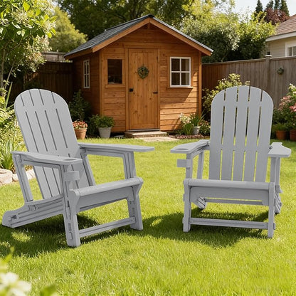 Vongrasig Adirondack Chairs Set of 2 with Removable Tabletop, All-Weather HDPE Outdoor Chair Set with Wooden Textured, Cup Holder for Patio, Poolside, Deck, Garden, Light Grey