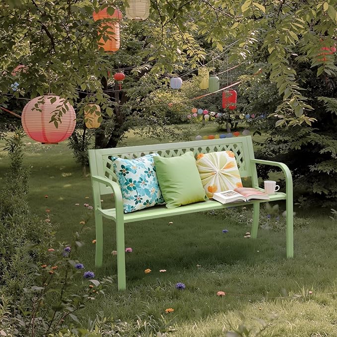 VINGLI 47'' Outdoor Bench, Weather Resistant Garden Patio Bench Powder Coated Iron Frame w/PVC Mesh Backrest Slatted - Photo 9