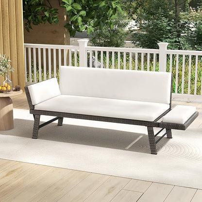Tangkula Outdoor Convertible Sofa Daybed with Adjustable Armrests, PE Rattan Patio Couch Furniture with Removable Cushions, Patio Chaise Lounge Loveseat for Porch, Balcony, Backyard, Poolside