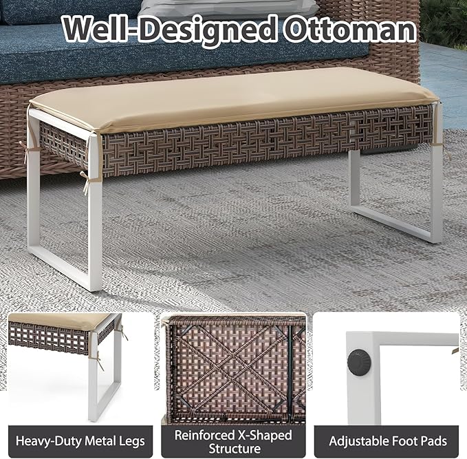 RELAX4LIFE Wicker Outdoor Ottoman Footstool - Set of 2 Rattan Patio Foot Rest w/Soft Cushion & Metal Frame, Multipurpose Coffee Table, 43’’ Seating Bench, Foot Stool for Garden Porch Backyard (2)