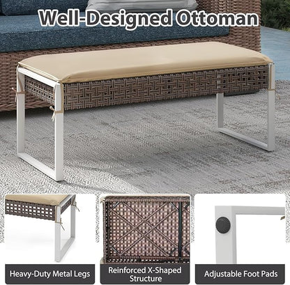 HAPPYGRILL Patio Rattan Loveseat Bench Ottoman, 43 Inch Outdoor Seat with Metal Legs & Seat Cushion, Wicker Footstool Seating Furniture for Backyard, Poolside, Front Porch (1)